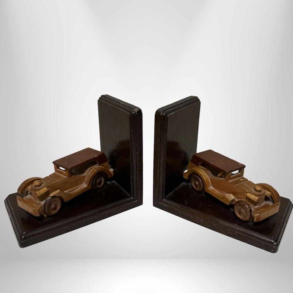Set of 2 Vintage Old Car Wood Bookends Two Tone